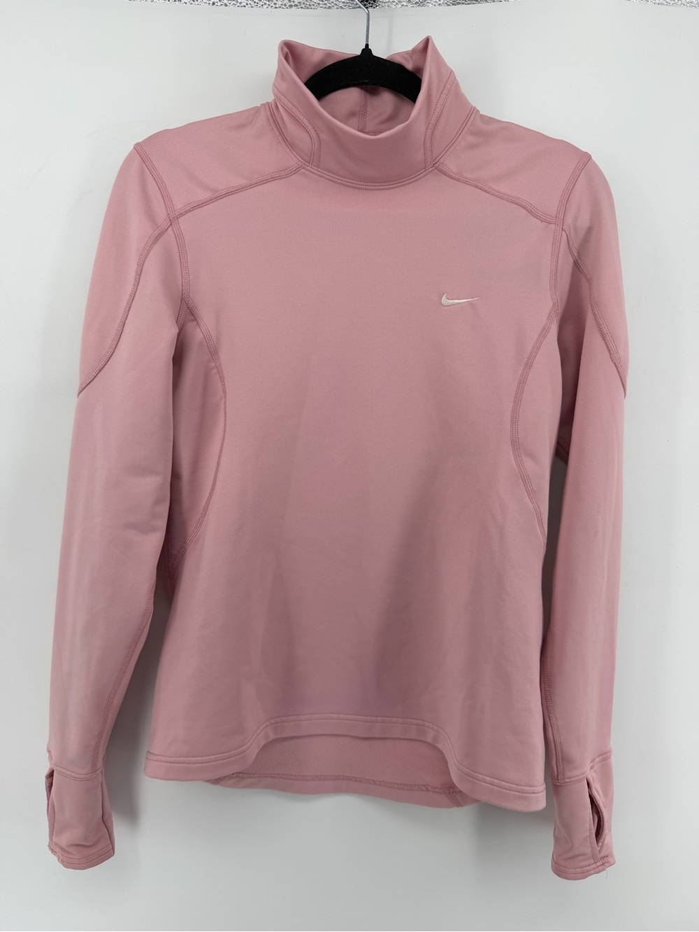 Nike Dri-Fit Long Sleeve Running Top Womens M Pink Mock Neck Thumbholes Shirt